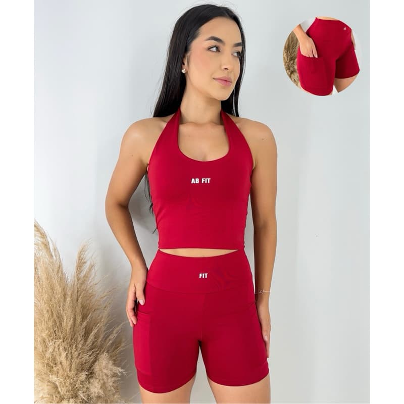 Conjunto Short Com Bolso Fitness Feminino Roupa Academia Corrida Blusa Frente Única