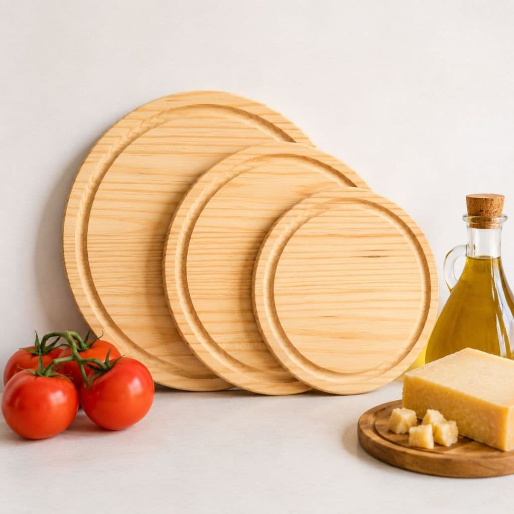 Kit Pizza 21 Cm com 10 Unidades em Madeira de Pinus Tábua Redonda para Servir e Cortar Frios Carnes Churrasco Bolos Pao