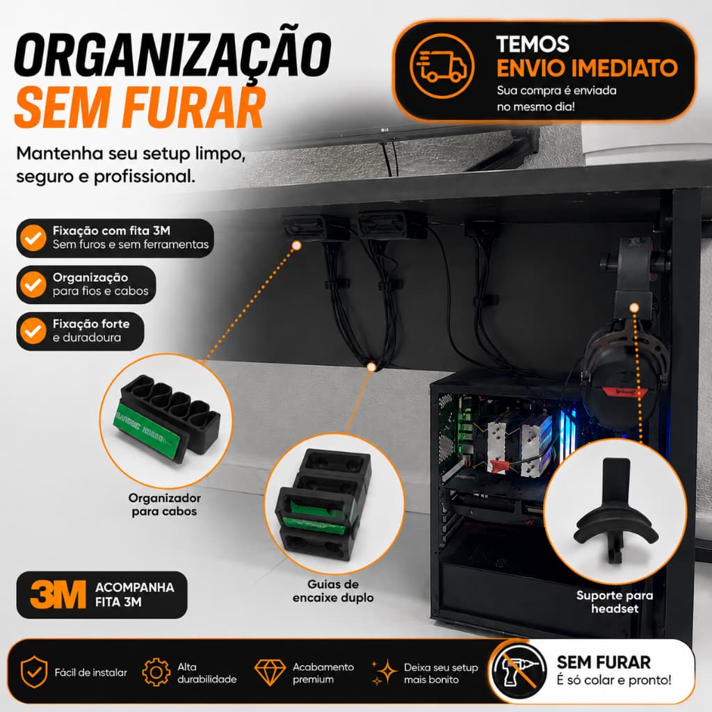 Kit Organização Setup Gamer Suporte Fone Headset Organizador de Fios  Home Office 3M Sem Furo Mesa