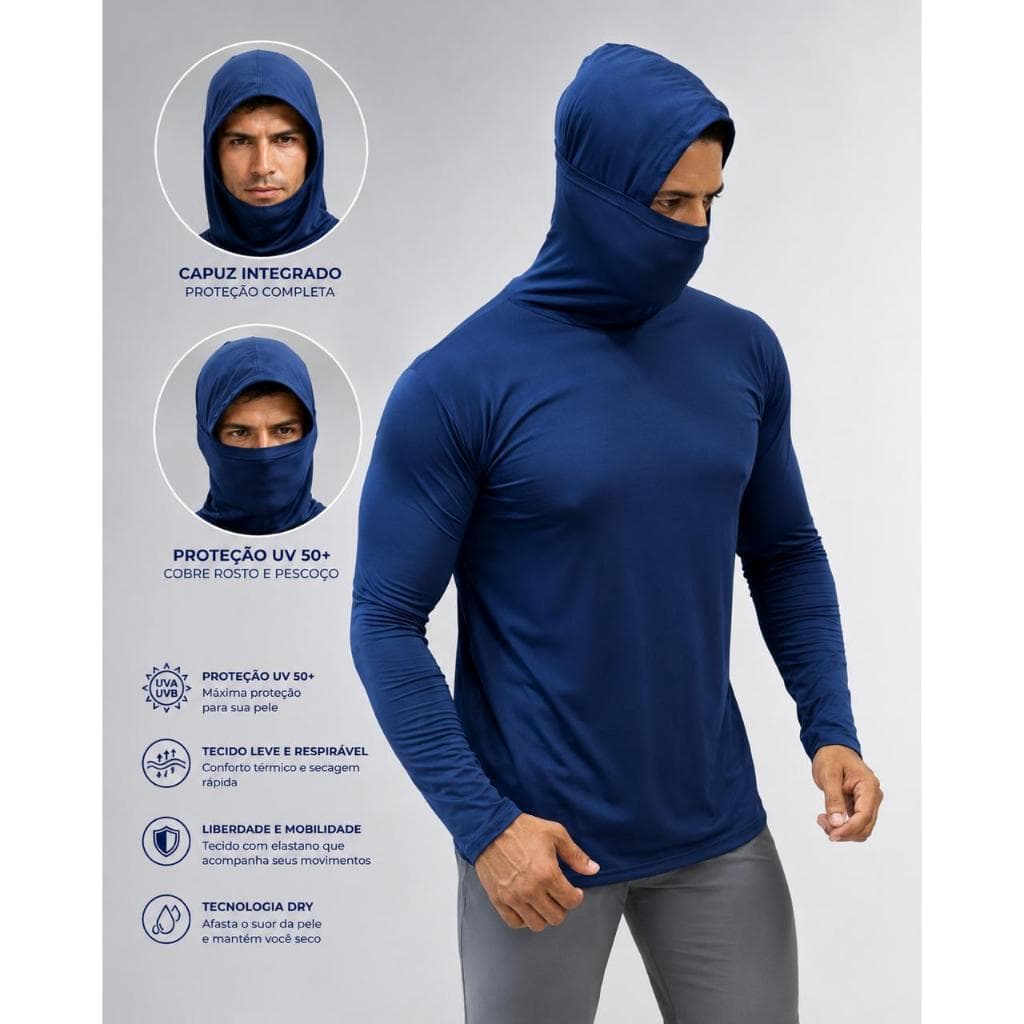 Camisa Masculina Manga Longa Térmica Com Capuz e Balaclava Touca Ninja Proteção Solar