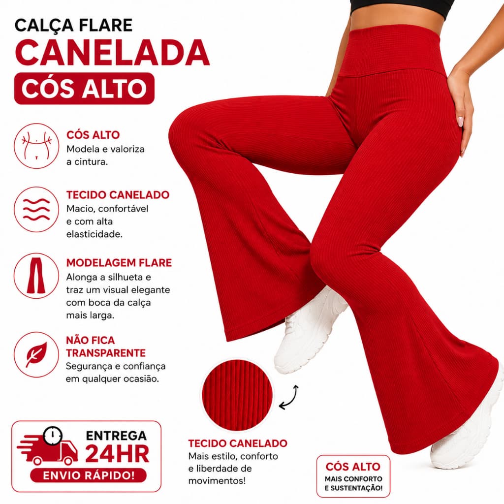 Calça feminina Flare Legging Academia Canelado Cós Alto