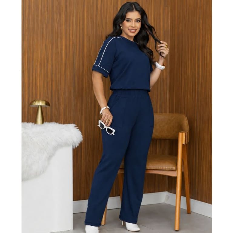 Conjunto Feminino Moletinho  Calça e Blusa Manga Curta com Listra Elegante Chic M-G-GG