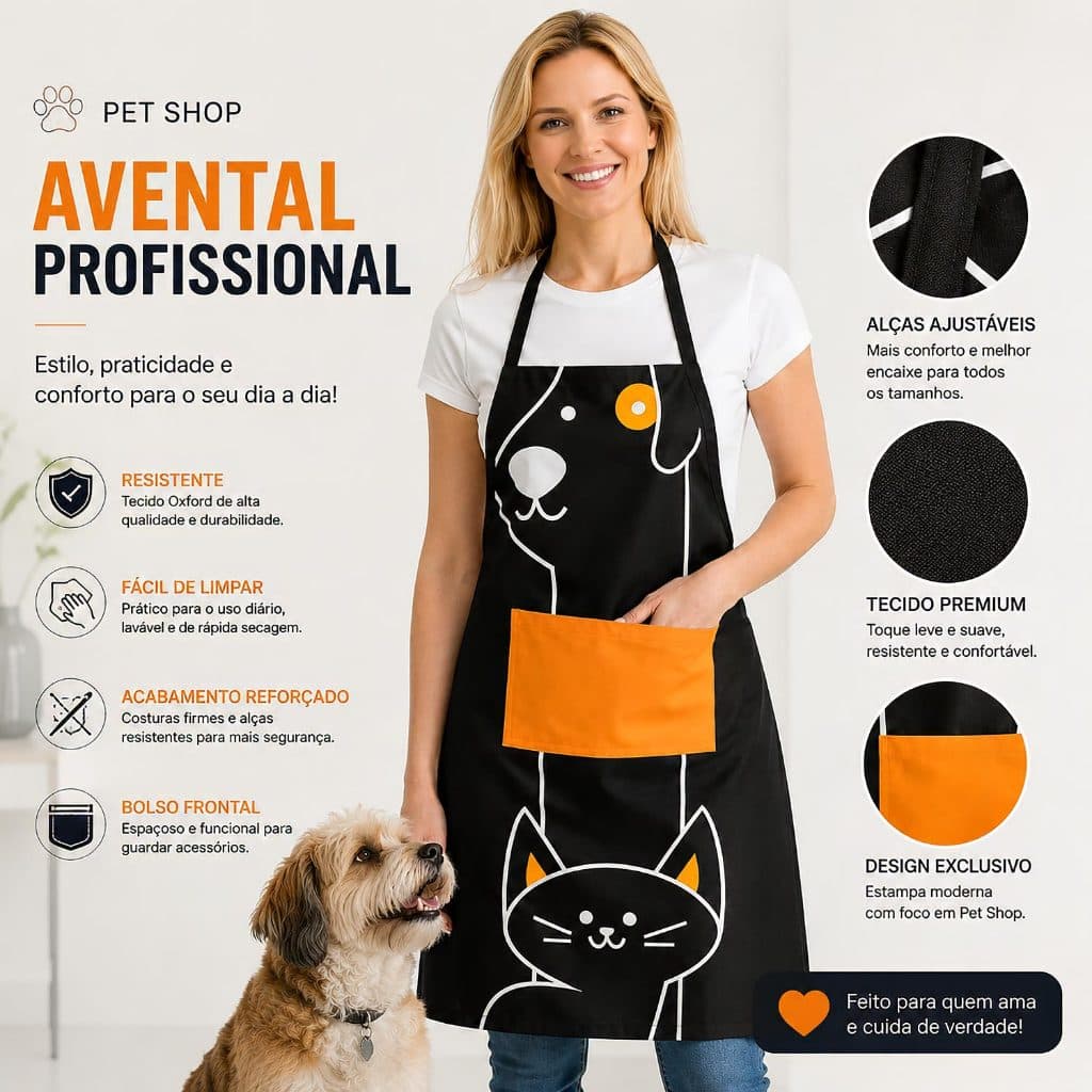 Avental Pet Shop  Ajustável Profissional Unissex Oxford Premium Com Bolso