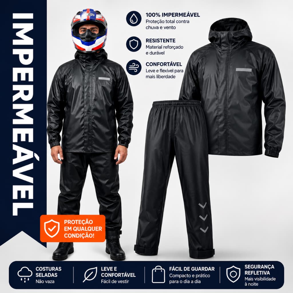 Capa de Chuva Conjunto Motoboy Motoqueiro Premium Resistente Velcro Zíper Gola Refletivo Impermeavel