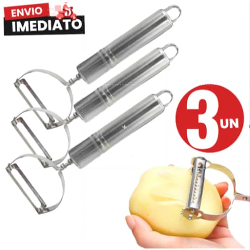 KIT 3 Descascador Legumes e Frutas  Multifuncional Manual INOX Premium