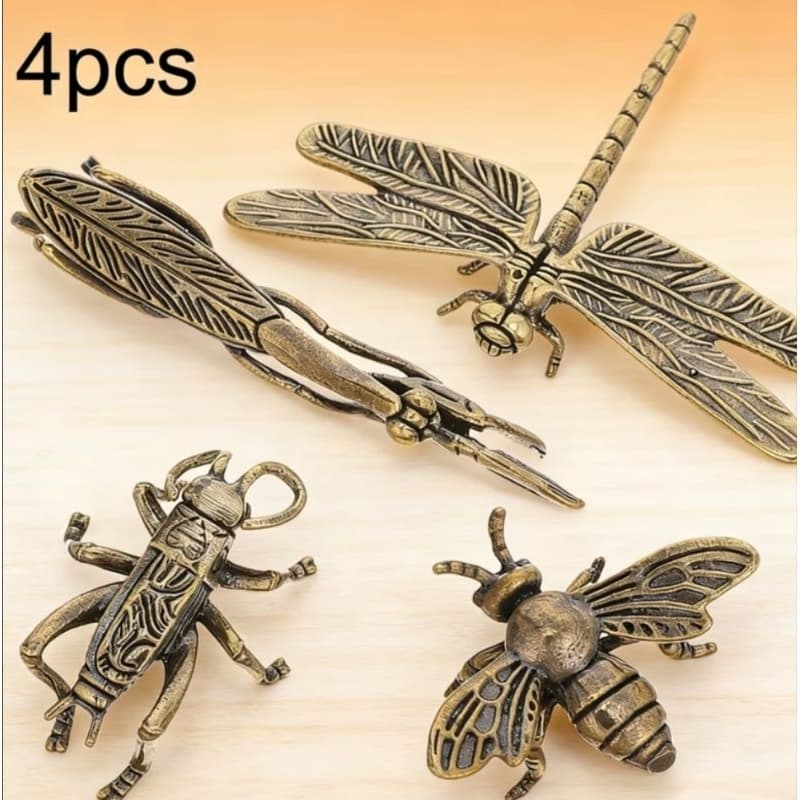 conjunto quatro peças de insetos em metal, libélula, abelha, louva deus, grilo