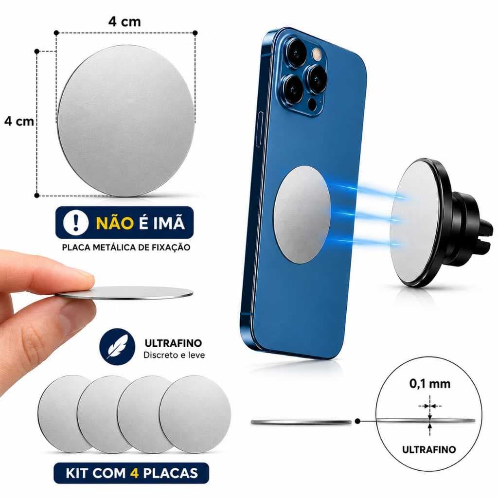 Kit 4 Placa Metal Redondo Prata Para Suporte de Celular Magnético Redondo Prateado