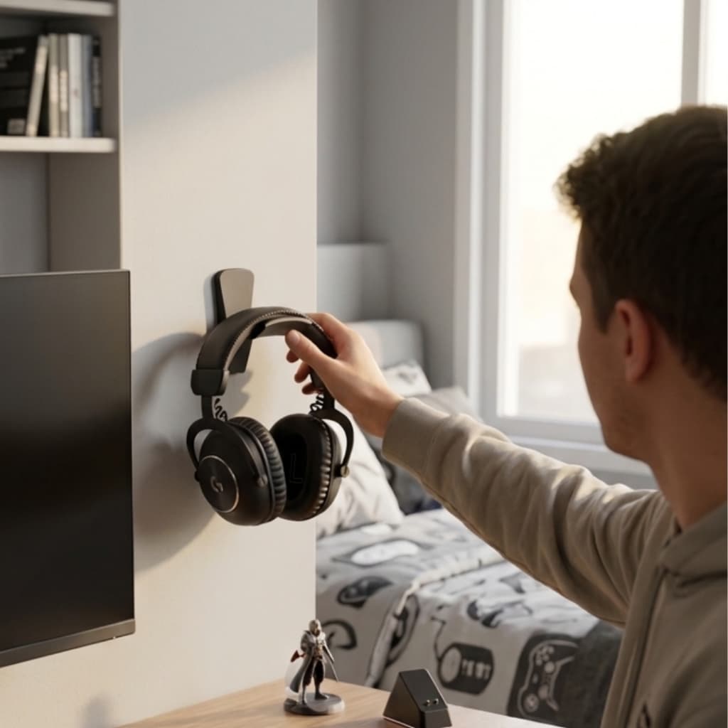 Suporte De Parede Para Headset Gamer Porta Fone Organizador Sem Furo - Rosa Preto Branco