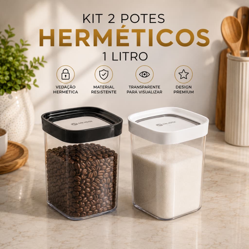 Kit 2 Potes Herméticos 1Litro Organizadores Cozinha Mantimentos Açúcar Café Farinha Grãos Bolacha