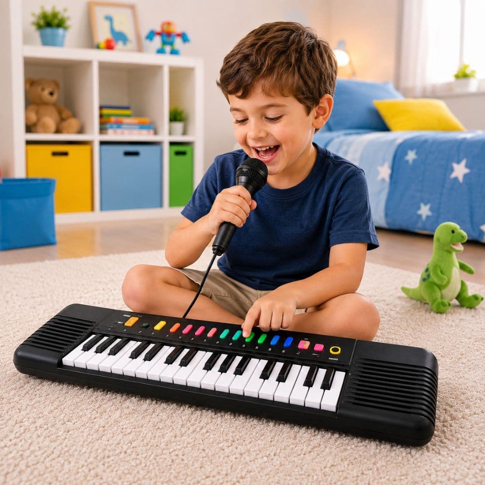 Teclado Infantil Musical com Microfone Piano Musical 32 Chaves sons divertidos ritmos variados
