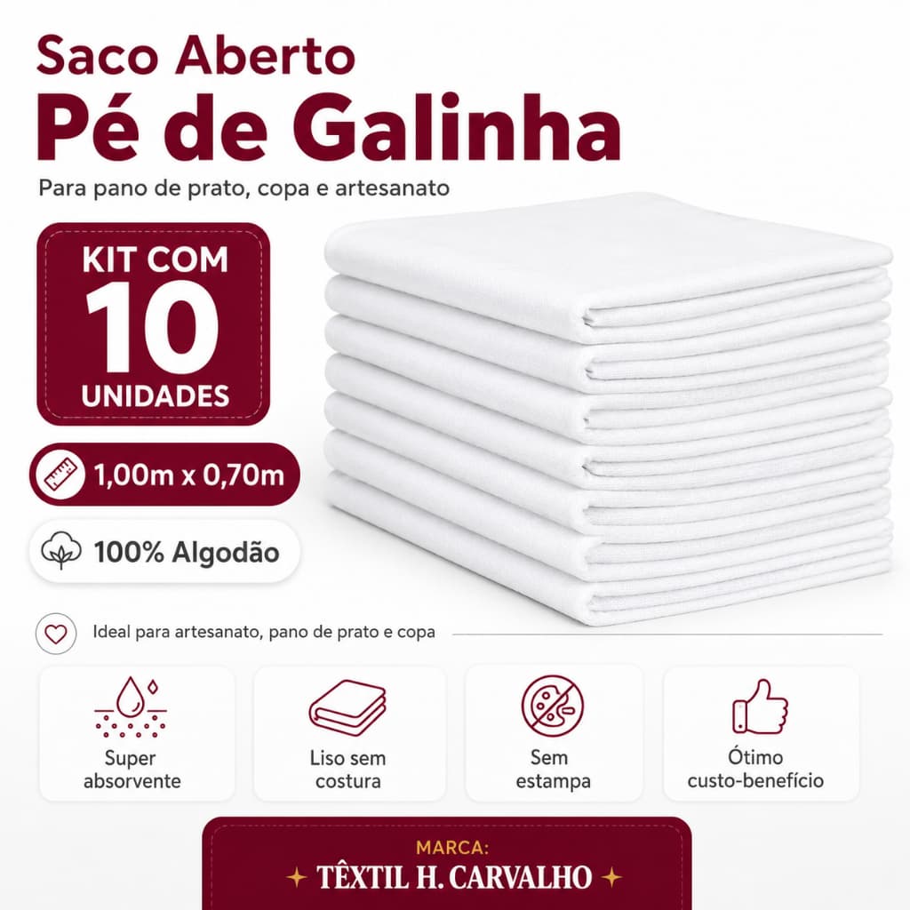 10 Un Saco Aberto Pé de Galinha 70cm x 100cm para Pano de Prato 100% Algodão Artesanato