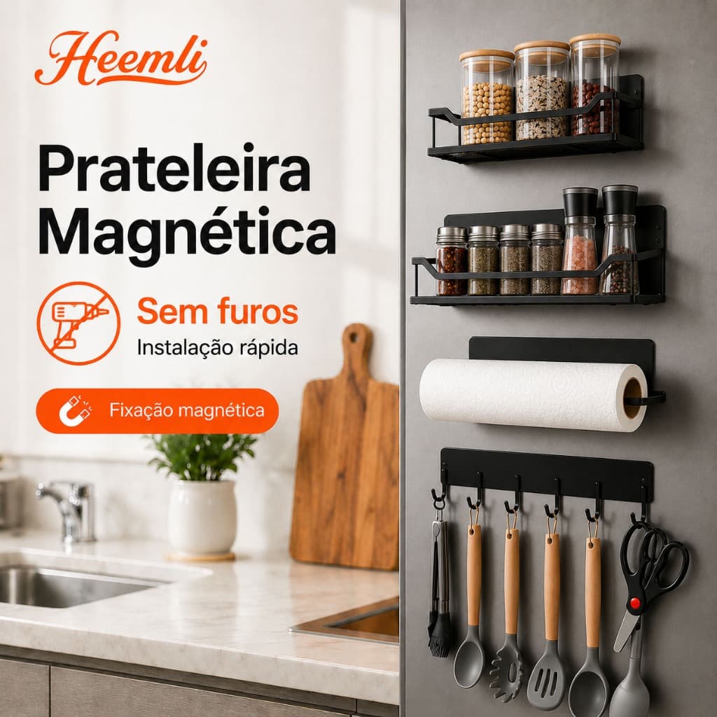 Organizador Magnético para Geladeira Prateleira Lateral com Ganchos Suporte de Cozinha sem Furo Heemli