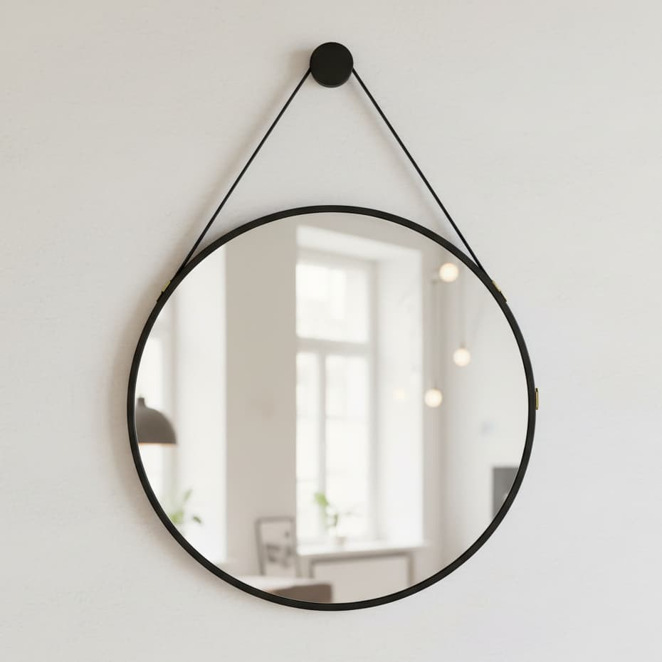 Espelho Adnet Grande 50cm com Moldura Couro Decorativo Redondo para Sala e Banheiro com Alça e Pino