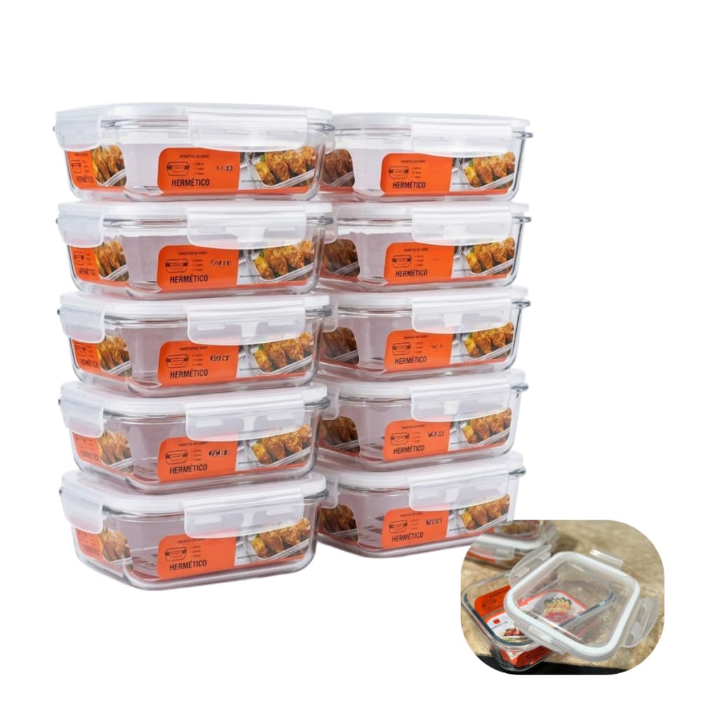 Kit 10 Potes Herméticos Vidro Borosilicato 640ml Sem BPA Marmita Fitness Meal Prep Reforçado