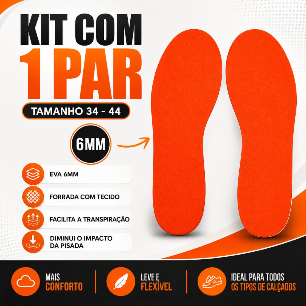 KIT 1 PAR DE  PALMILHA EM EVA 6MM TÊNIS,SAPATO,BOTA,CHUTEIRA,SAPATILHA CONFORTAVEL,MACIA MASCULINO FEMININO DO 34-44