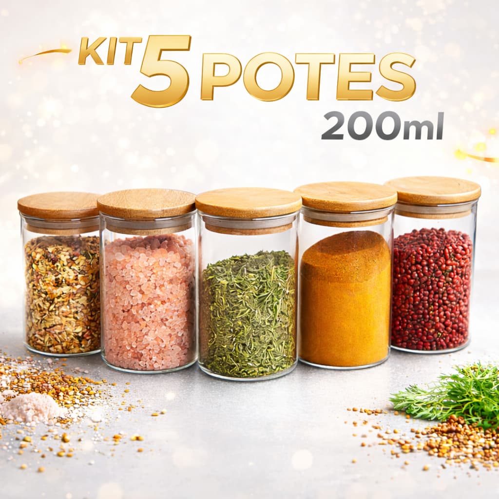 Kit 5 Potes Hermético 200ml Mantimentos Vidro Tampa De Bambu