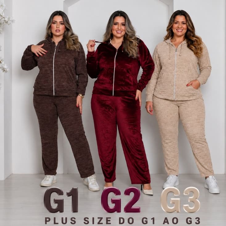 conjunto plus size  G1 G2 G3 elegante com capuz no tecido MALHA RIB e veludo plush ótimo para o frio do inverno