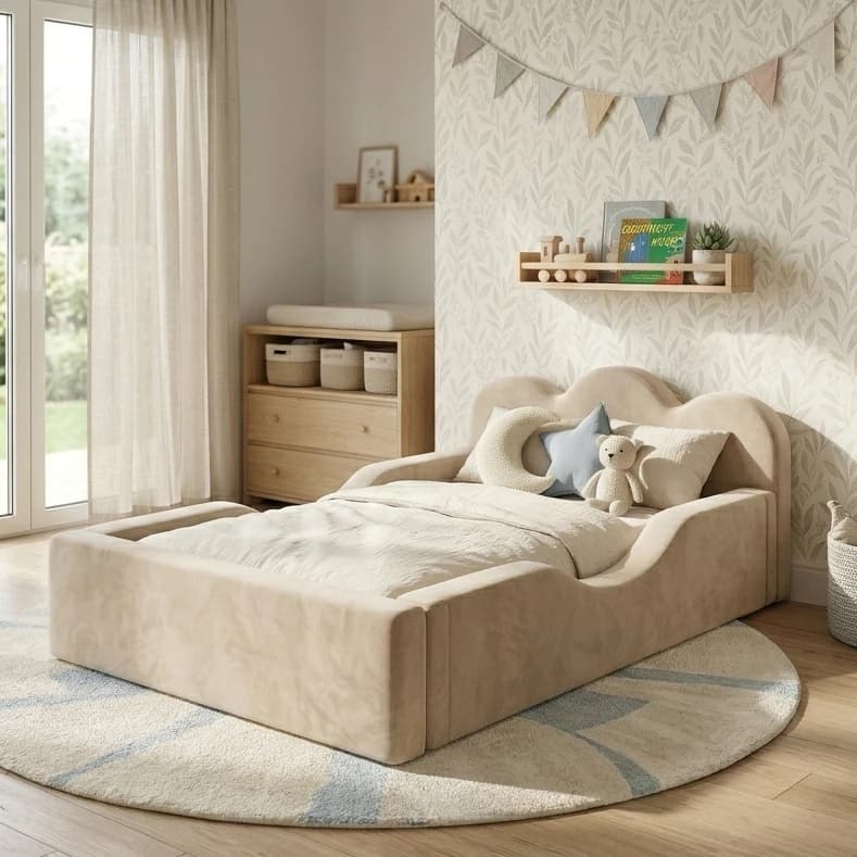Mini Cama Infantil Montessoriana Pompom Espuma D26 Menina Menino Proteção Lateral Incluso Colchão