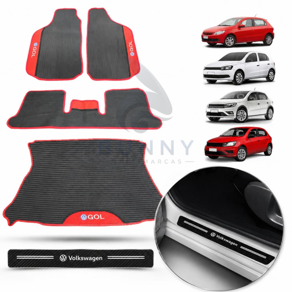 Tapete Gol G5 G6 G7 G8 Borracha com Porta Malas Kit Tapete de Carro Impermeável 2009 a 2023 Personalizado + soleira