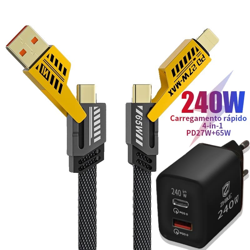 Cabo Carregador 4 em 1 USB Tipo C Para iP 1M Nylon Trançado GaN Adaptador Carregamento Rápido Dados