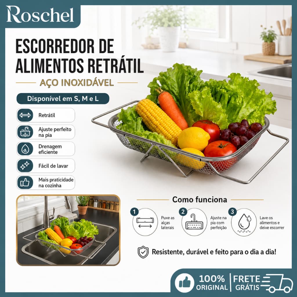 Cesto Escorredor de Pia Inox Retrátil para Pia S/M/L Legumes Frutas Vegetais Organizador Cozinha
