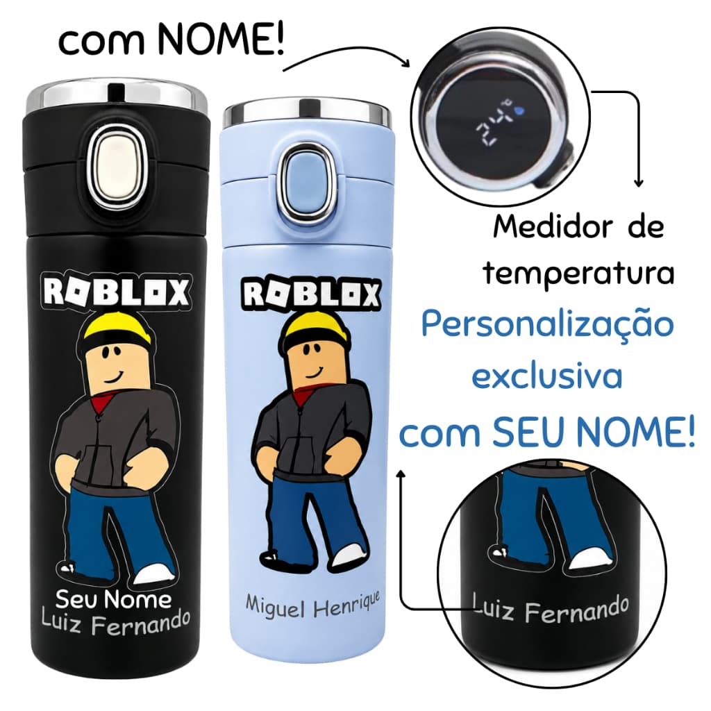 Garrafa Térmica Inox ROBLOX Com NOME Termômetro Digita Led e Trava de Segurança Personalizada Adulto Infantil escolar