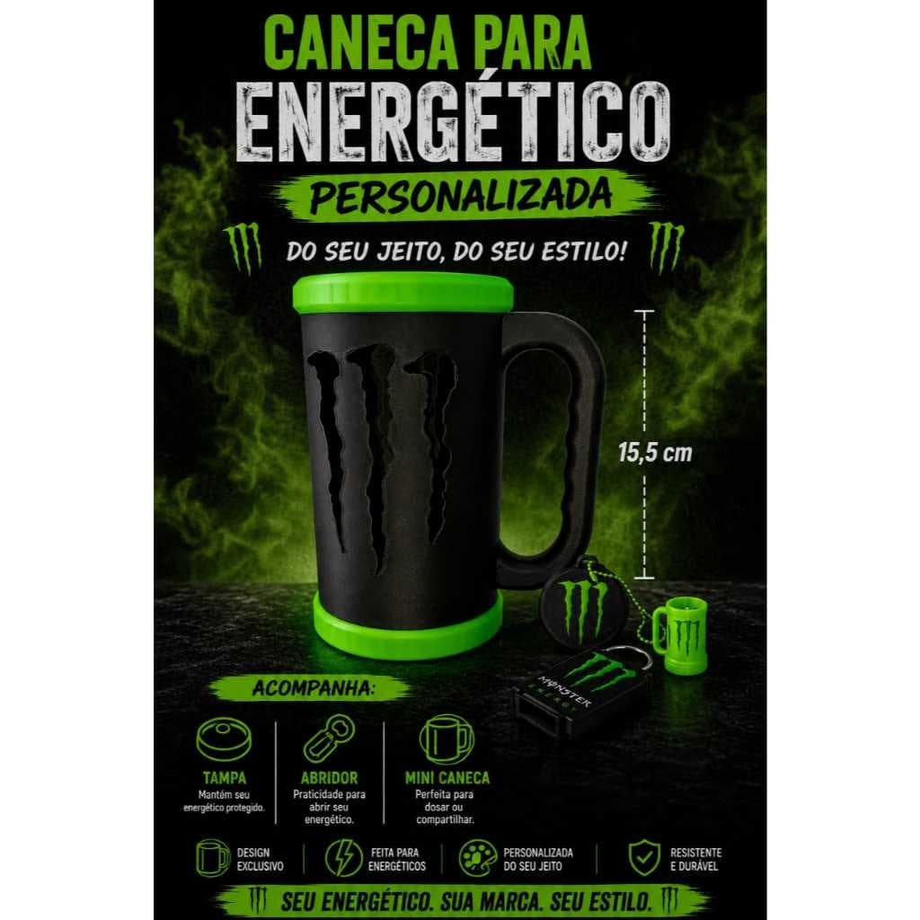 Caneca para energético, acompanha tampa e abridor