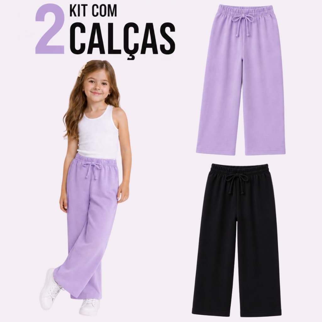 Kit 2 Calças Pantalona Infantil Menina Soltinha Juvenil Cos Alto Tecido Duna
