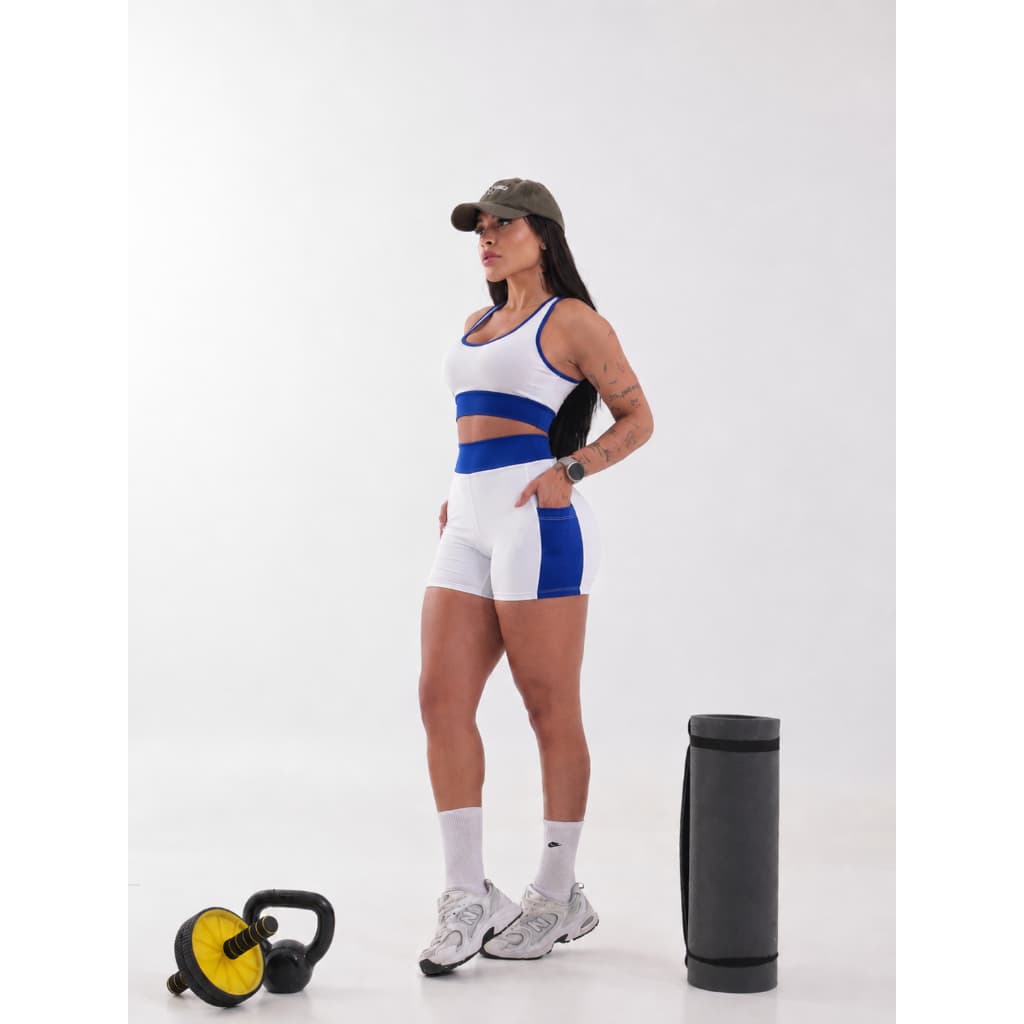 Conjunto Academia Branco e Azul Feminino Short e Top Fitness Cintura Alta Suplex Premium