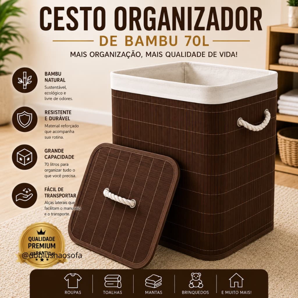 Cesto Organizador Bambu 70 Litros Com Tampa Alca Resistente Facil Transporte Marrom