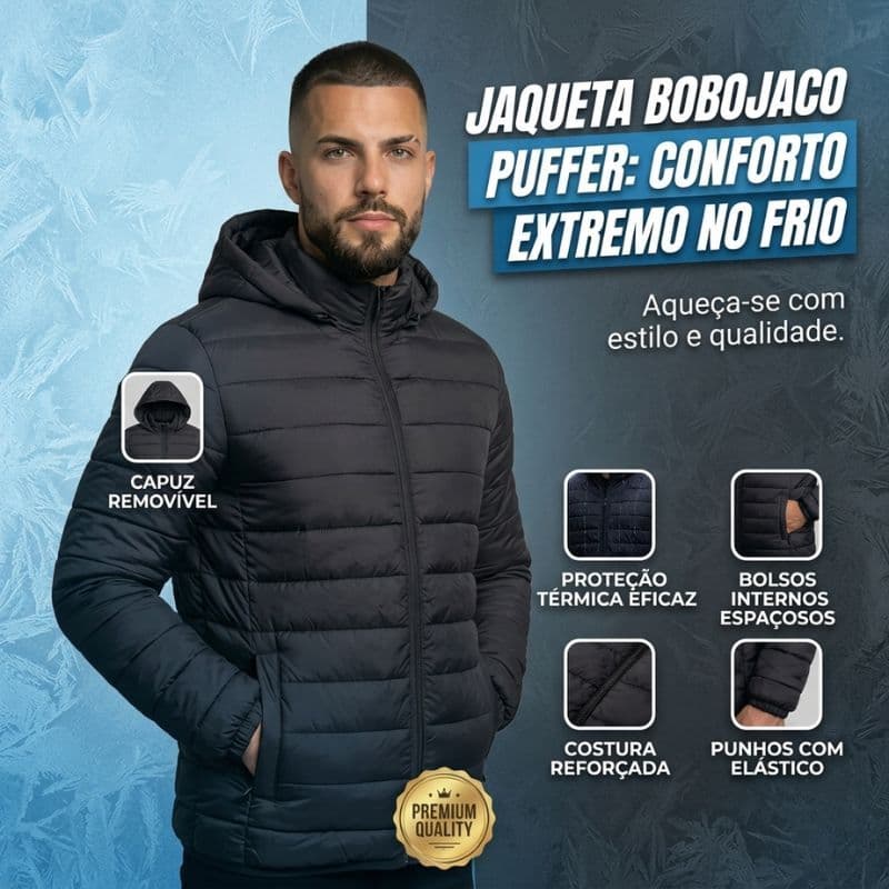 Jaqueta Puffer Masculino Bobojaco Impermeável Frio Intenso Inverno Capuz Removível Reforçada