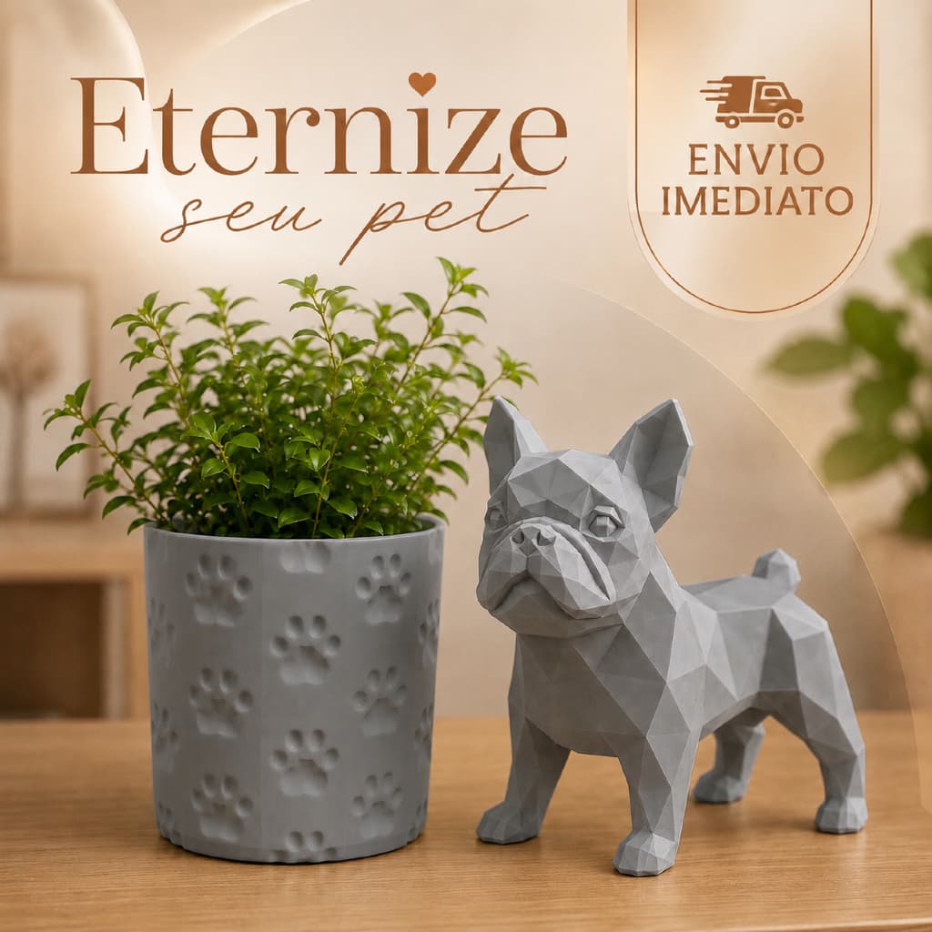 Eternize seu amor pet com este kit exclusivo de vaso texturizado e estátua Bulldog cinza