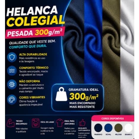 Tecido Helanca Colegial Uniformes Escolares Largura 1,60m 300g/m² Pesado Roupas Masculino Feminino