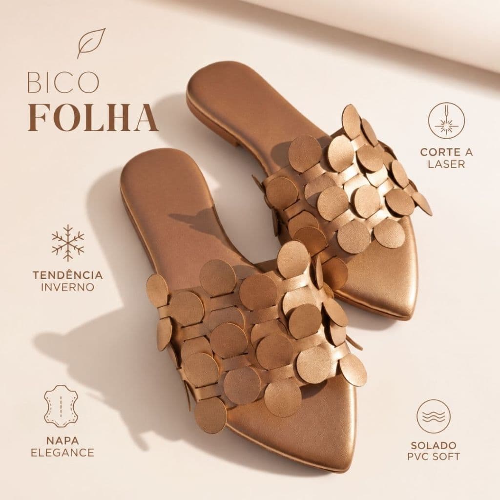 Sandalia Rasteirinha Feminina Bico Folha Rose Gold Corte a Laser Conforto Casual Elegante