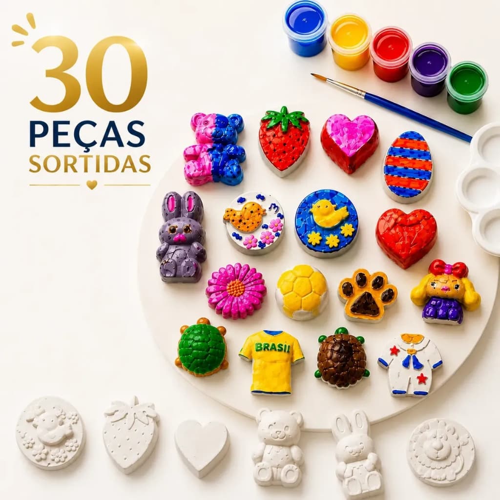 Kit Pintura Infantil 30 Pç Gesso Cru + 12 Tintas Guache + 1 Pincel + 1 Godê Pais e Filhos