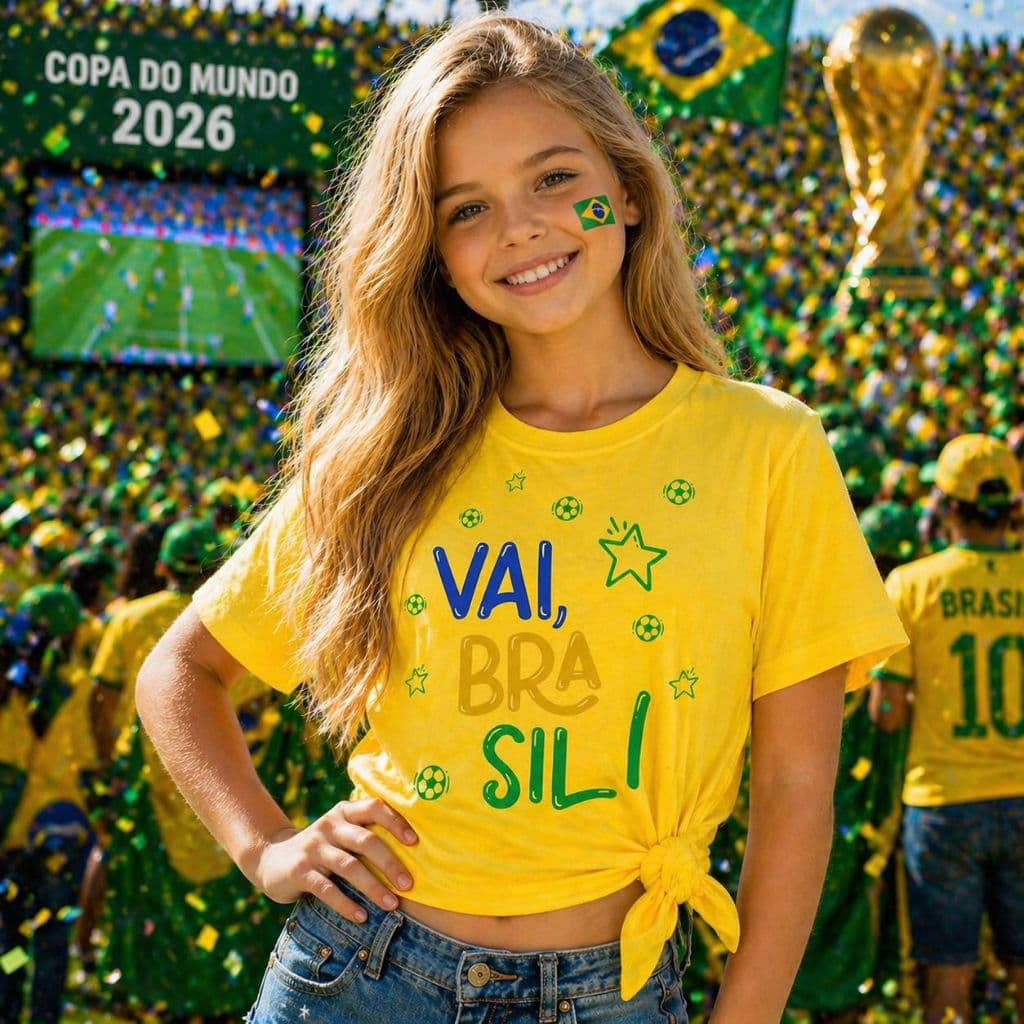 Camiseta Infantil Vai Brasil Copa 2026 Menina Seleção Brasileira Torcida Futebol Camisa Infantil Verde Amarelo Algodão