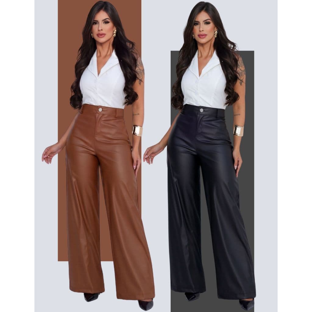 Calça Pantalona Wide Leg Couro Fake Cintura Alta Reta Retrô Courino