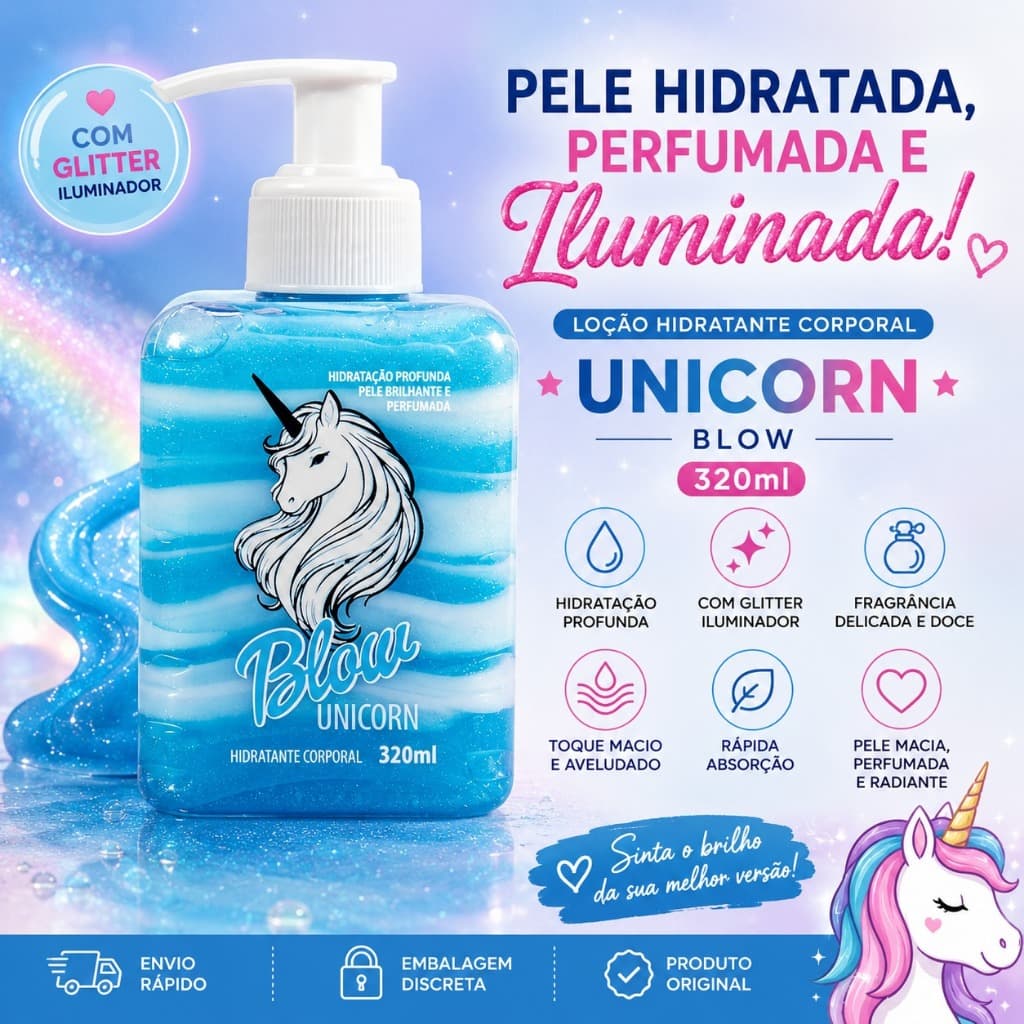 Loção Hidratante Sensual Unicorn 320ml Blow Girl Com Glitter Iluminador E Fragrância Doce