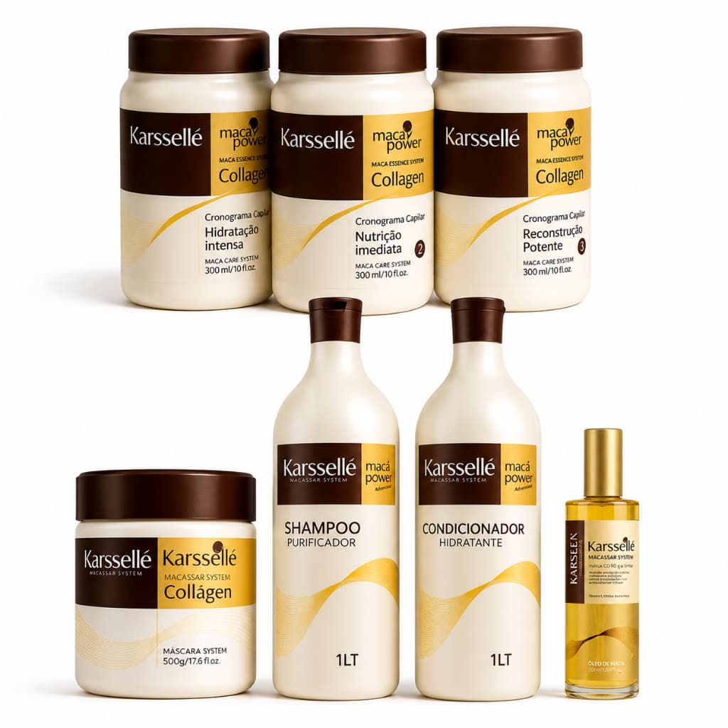 Kit Para Cabelo Completo Profissional Shamp1L+Cond1L+Másc500ml+Óleo60ml+Cronog Hid+Rec+Nut Karssellé