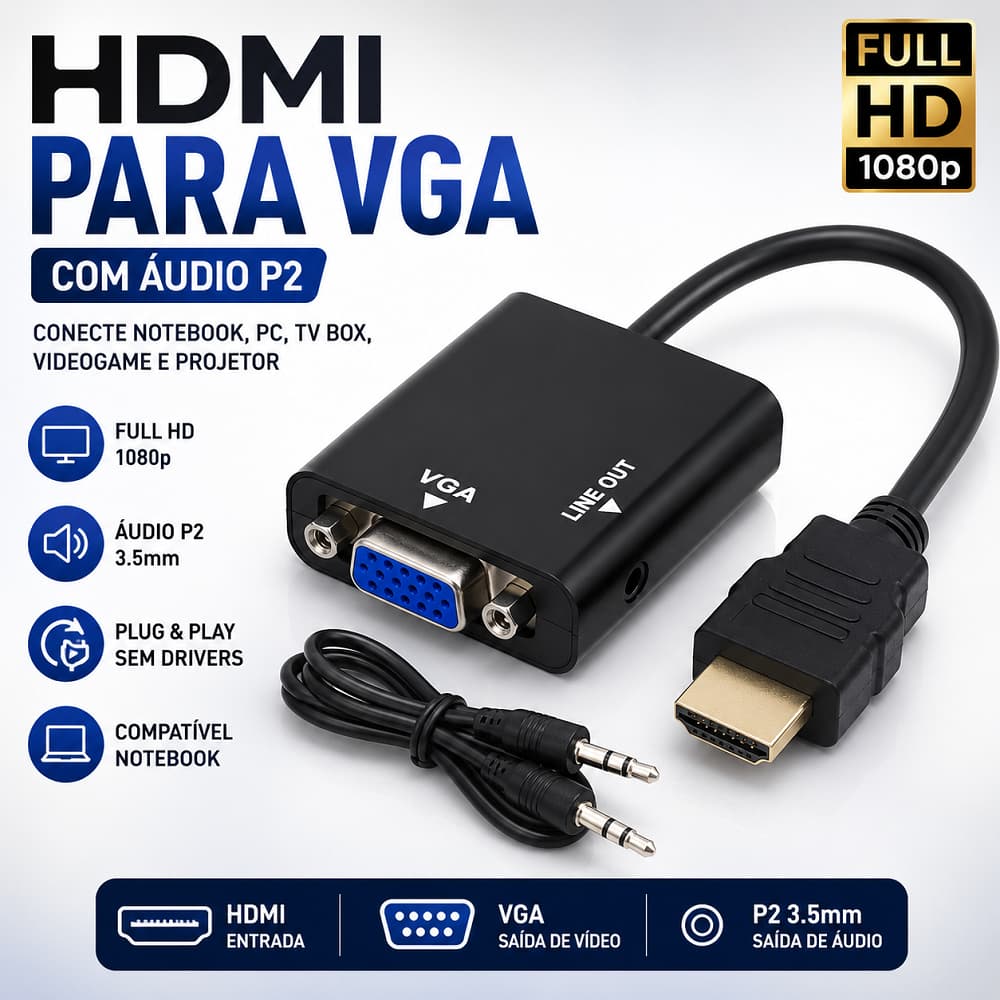 Cabo Adaptador HDMI para VGA com Áudio P2 Full HD 1080p Conversor Notebook PC Monitor Projetor Preto