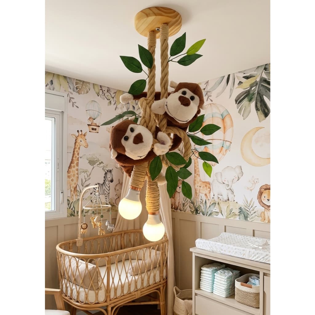 Peça decorativa iluminada artesanal quarto bebê safari com dois macaquinhos marrom escuro