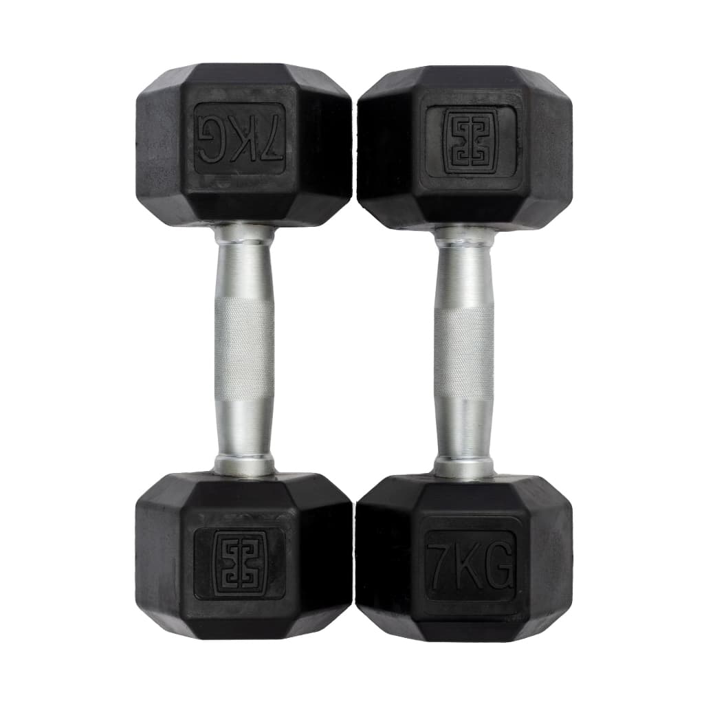 Kit Dumbell de 7kg Sextavado Emborrachado Vulcanizado Peso Academia Casa - (2 Unidades)