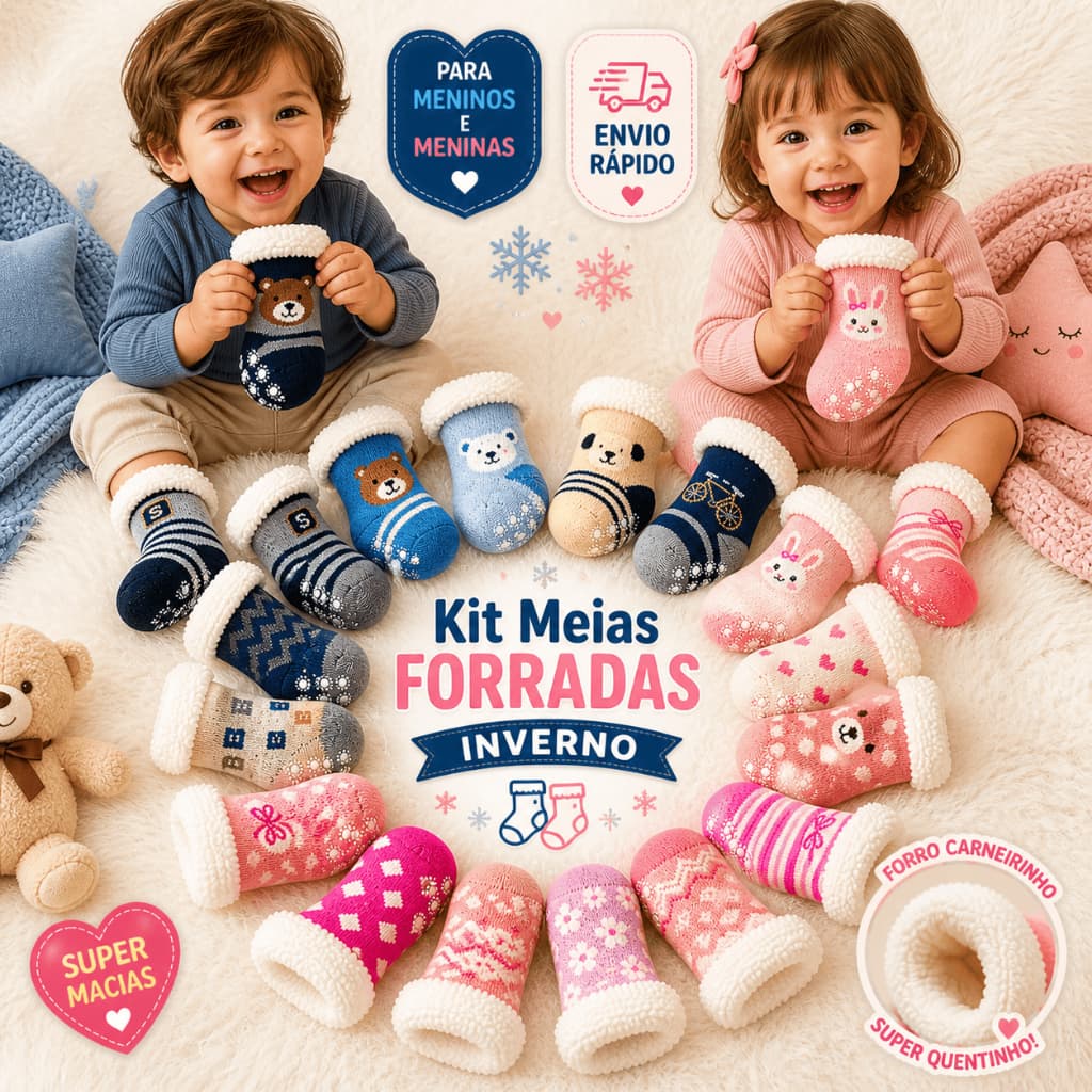 Meia Infantil Bebe Meia Carneirinho Bebê Forrada Antiderrapante Inverno 0-12 Meses
