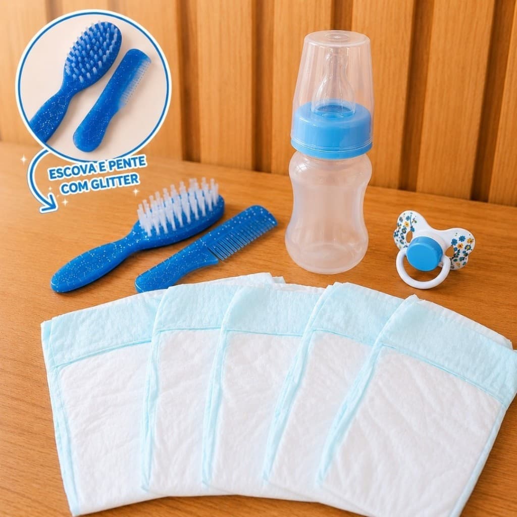 Kit 9 Peças Boneca Reborn Chupeta Magnética Mamadeira Pente e Escova Glitter + 5 Fraldas Azul