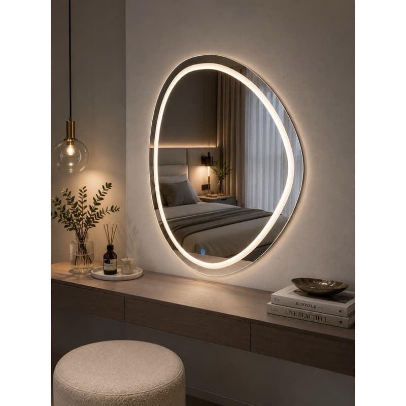 Espelho Orgânico Jateado Decorativo 50x60cm Com Led E Touch Moldura Neutro