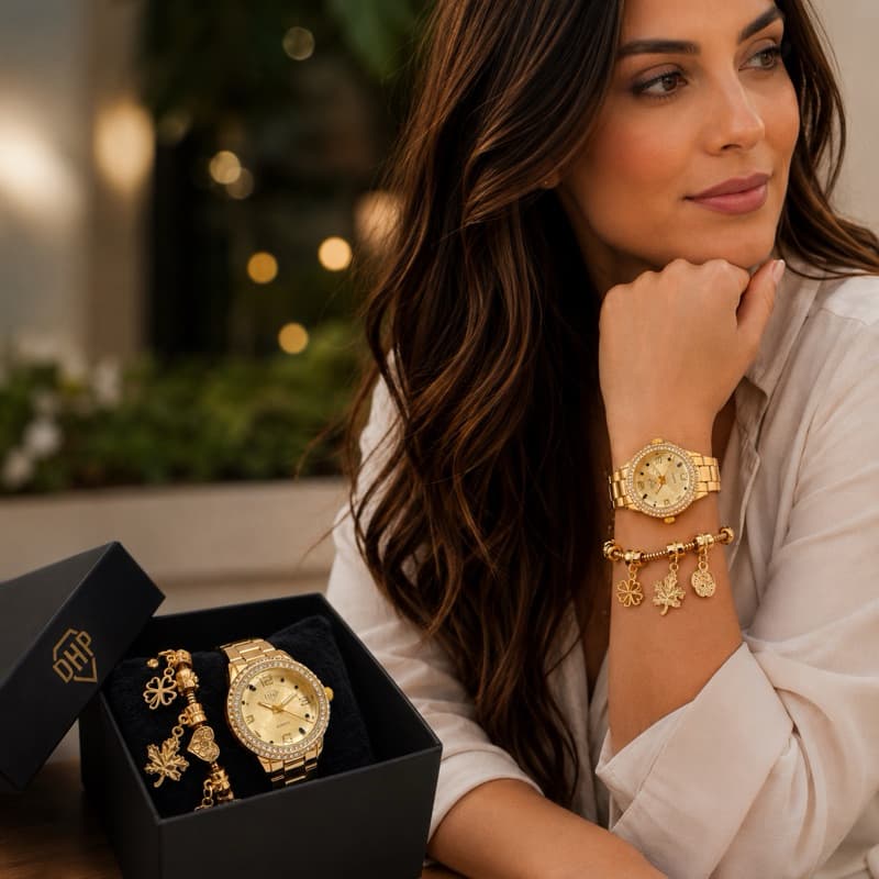 Relógio Feminino Dourado Com Pulseira Caixa Original À Prova D’Água