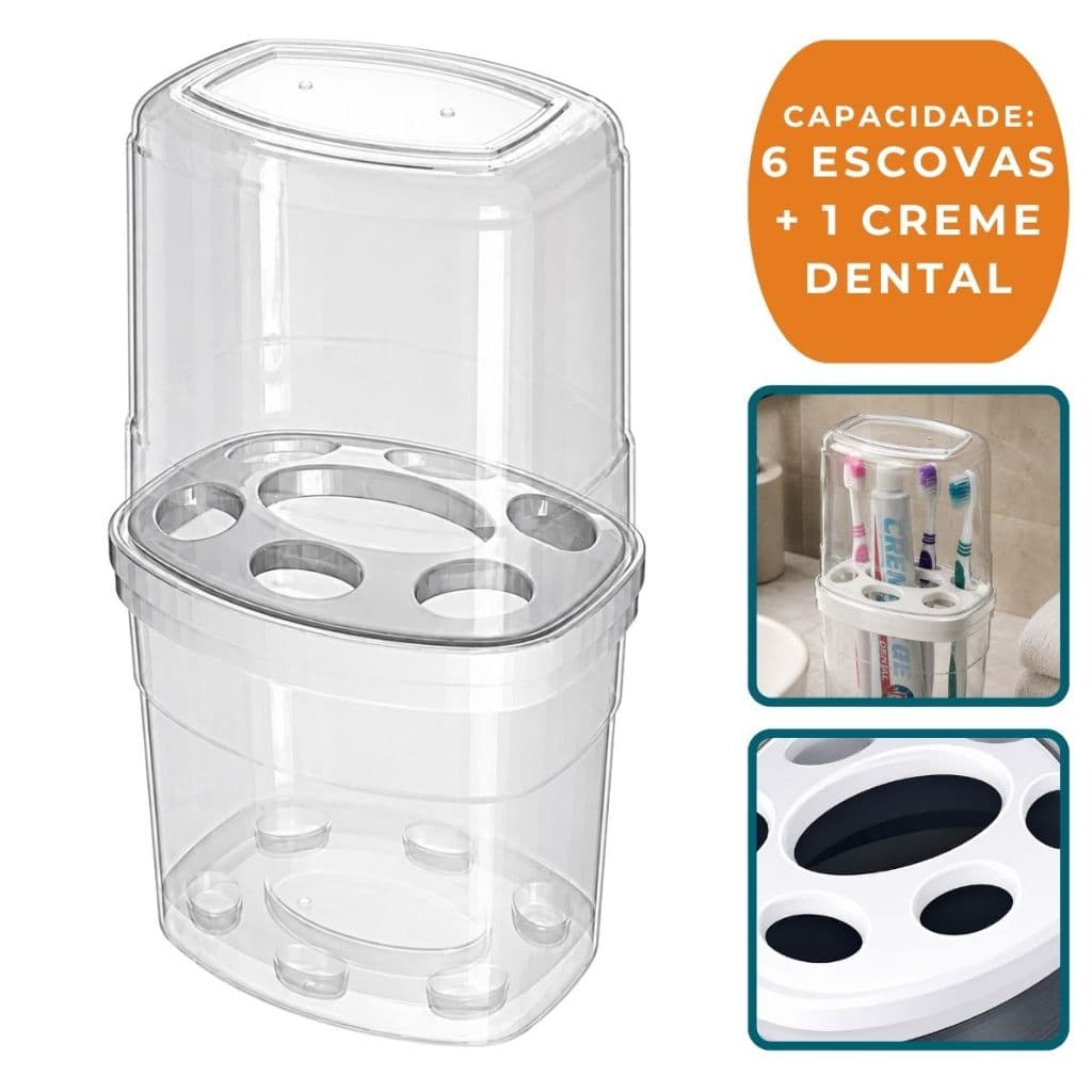 Porta Escova de Dente Banheiro Com Tampa Plástico Transparente 6 Escovas + 1 Creme Dental