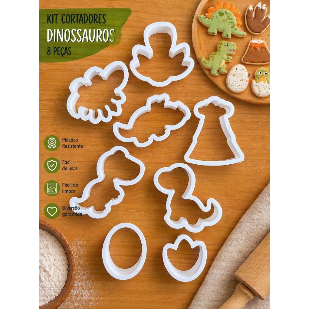 Cortador de Biscoito Dinossauro 8 Unidades - Moldes Divertidos Kit Infantil para Massas Forminhas Criativas e Divertidas