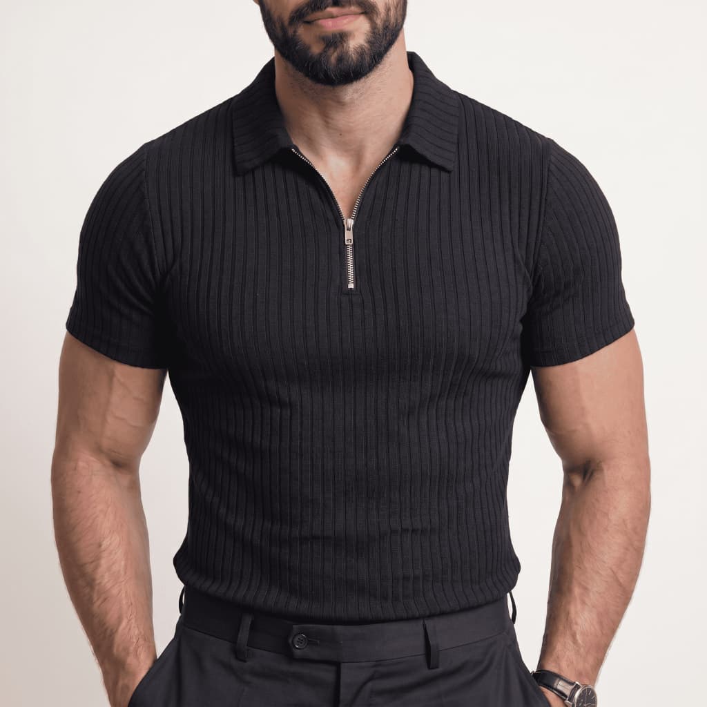 Camiseta Polo Com Ziper Manga Curta Canelada Camisa Básica Malha