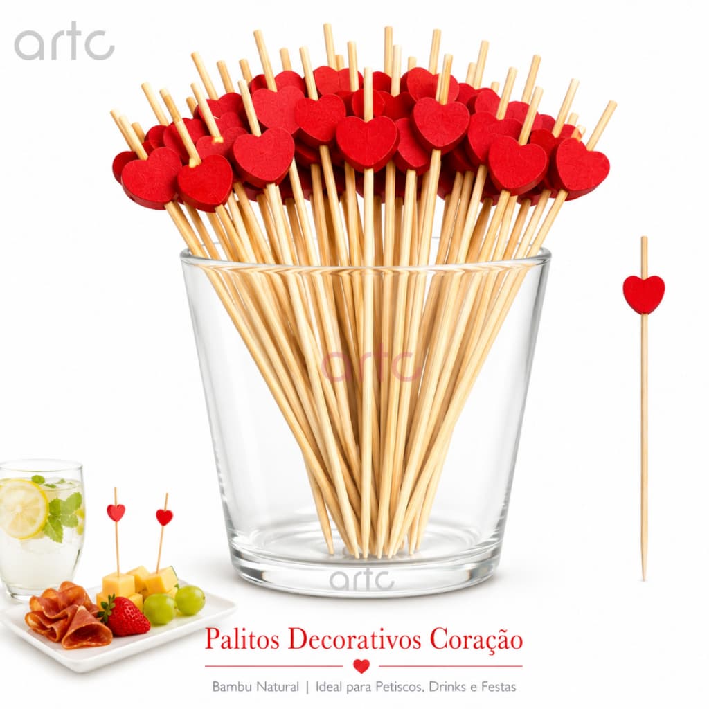 Kit 40 / 100 Palitos Para Petiscos Decorados Formato de Coração Dia Namorados Jantar
